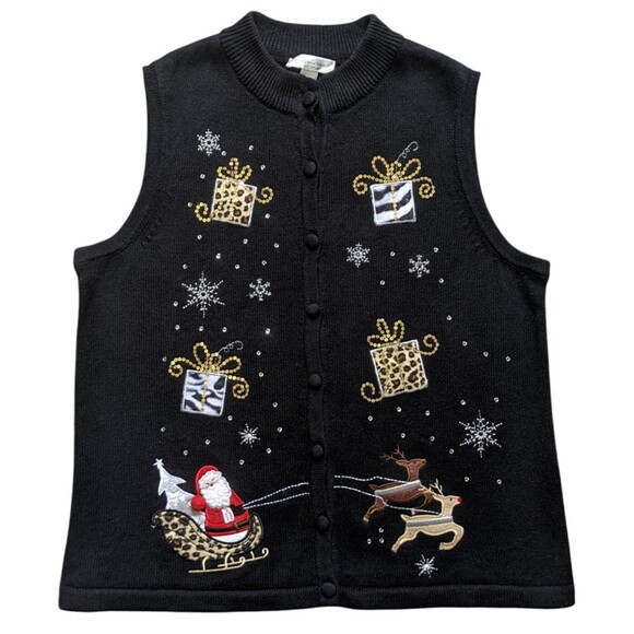 Christmas Sweater Vest Womens L Large Santa Cheetah Zebra Cardigan Reindeer Snow - Picture 1 of 10
